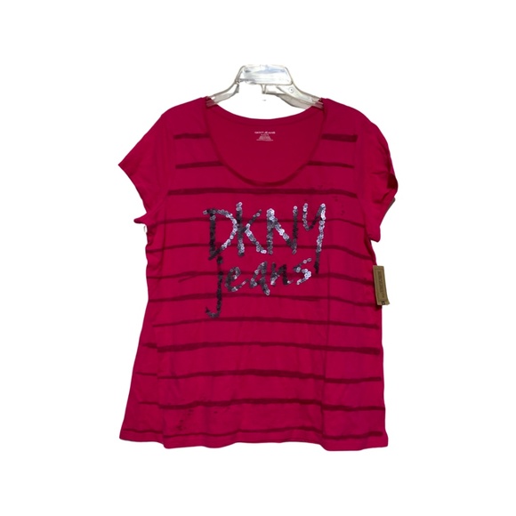 Women’s DKNY Striped Sequin Wordmark Tee in Magenta Sz XL NWT